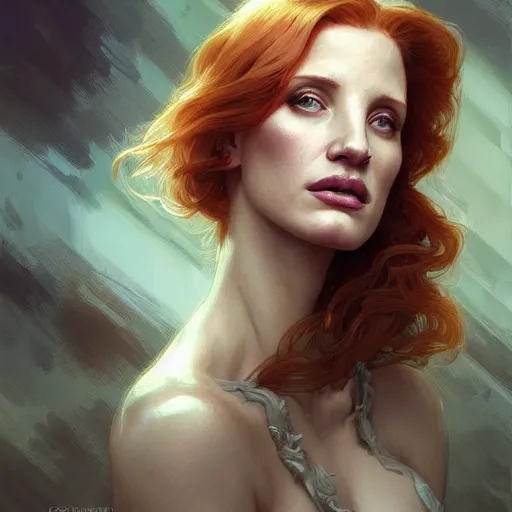 Image similar to beautiful natural Jessica Chastain, intricate, elegant, highly detailed, digital painting, artstation, concept art, smooth, sharp focus, illustration, art by artgerm and greg rutkowski and alphonse mucha and loish and WLOP