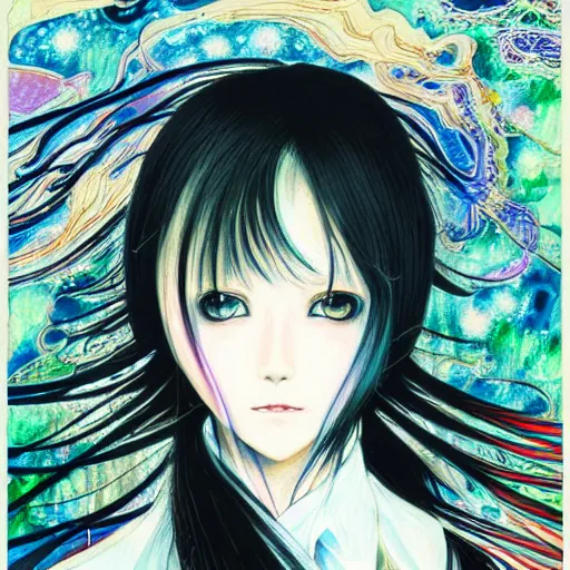 Image similar to yoshitaka amano realistic illustration of an anime girl with black eyes and long wavy white hair wearing dress suit with tie and surrounded by abstract junji ito style patterns in the background, complementary colors, blurry and dreamy illustration, noisy film grain effect, highly detailed, oil painting with expressive brush strokes, weird portrait angle