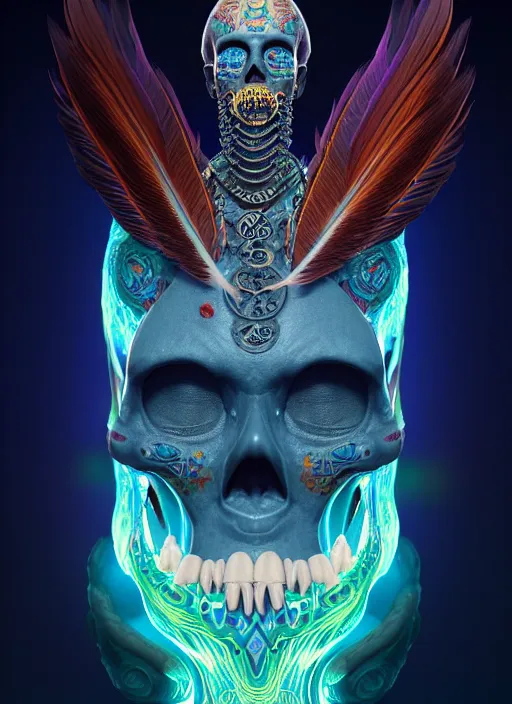 Image similar to 3 d shaman with tattoos profile portrait, sigma 5 0 0 mm f / 5. beautiful intricate highly detailed quetzalcoatl skull and feathers. bioluminescent, plasma, lava, ice, water, wind, creature, thunderstorm! artwork by tooth wu and wlop and beeple and greg rutkowski, 8 k trending on artstation,