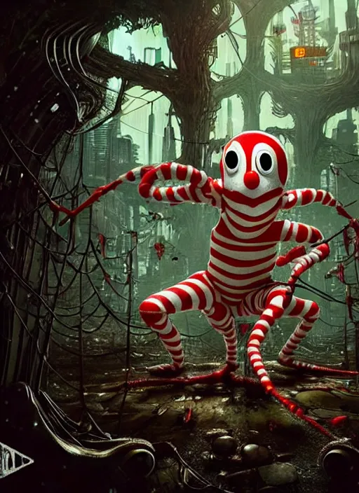 Image similar to intricate Waldo from Where's Waldo, being eaten by a spider, on the background of a weird magical mechanical forest. Very detailed 8k. Fantasy cyberpunk horror. Sharp. Cinematic post-processing