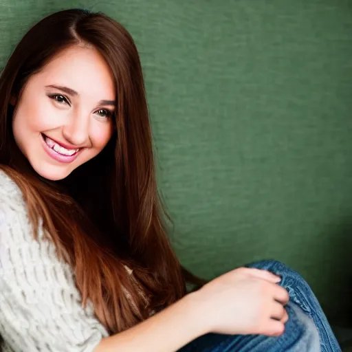 Image similar to a cute young woman smiling, long shiny bronze brown hair, full round face, green eyes, medium skin tone, light cute freckles, smiling softly, wearing casual clothing, relaxing on a modern couch, interior lighting, cozy living room background, medium shot, mid-shot, soft focus