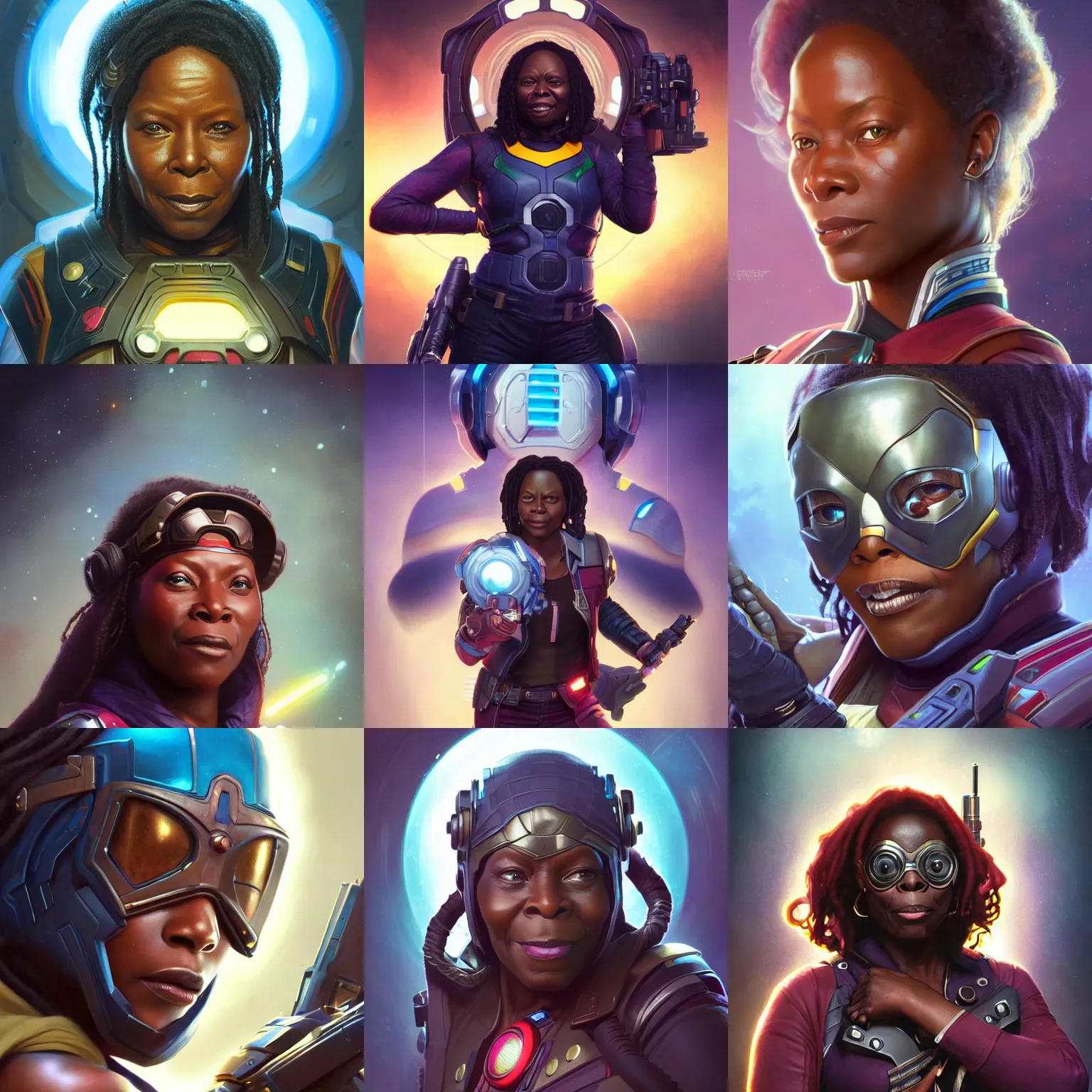 Prompt: female starlord, whoopie goldberg, octane render, highly detailed, digital painting, artstation, concept art, smooth, sharp focus, illustration, art by artgerm and greg rutkowski and alphonse mucha and william - adolphe bouguereau