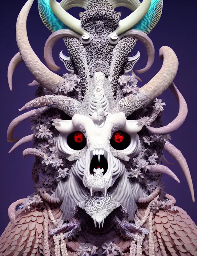 Image similar to 3 d goddess close - up profile portrait of satanic with ram skull. beautiful intricately detailed japanese crow kitsune mask and clasical japanese kimono. betta fish, jellyfish phoenix, bio luminescent, plasma, ice, water, wind, creature, artwork by tooth wu and wlop and beeple and greg rutkowski