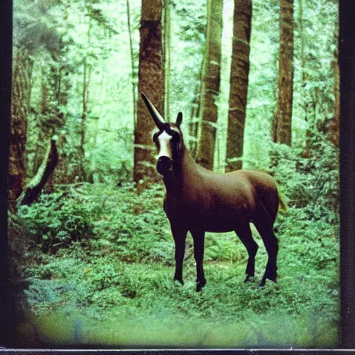 Prompt: polaroid photo of a unicorn! in a forest in the 1 9 6 0 s