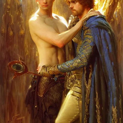 Image similar to stunning arthur pendragon in love with stunning male merlin the mage. they are close to each other. highly detailed painting by gaston bussiere, craig mullins, j. c. leyendecker