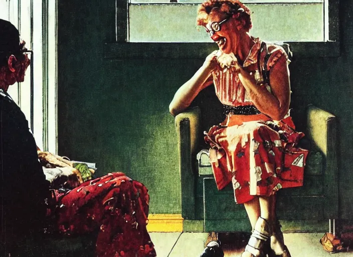 Image similar to a laughing man sitting by the window, a slim woman in the background, norman rockwell