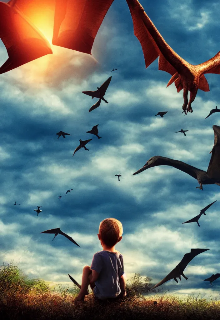 Image similar to a child looking at a pterodactyle flying in the sky in the style of a movie poster, realistic, super detailed, cinematographic, epic lighting