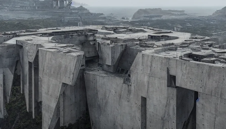 Prompt: big brutalist imperial military base on cliffs, drawing architecture, very long shot, top angle, imperial architecture in rogue one, pritzker architecture prize, brutalism architecture, jan urschel, greig fraser