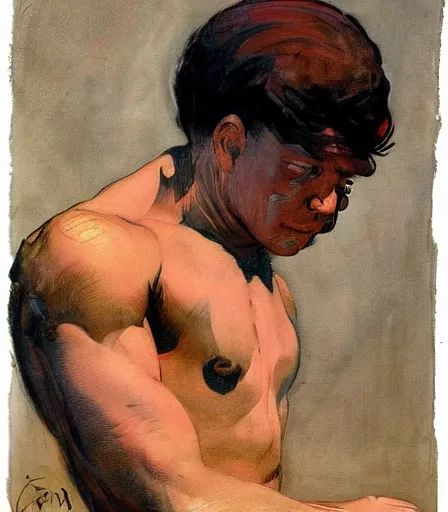 Prompt: portrait of a handsome non binary criminal lost in thought, by frank frazetta, intense desire, high quality, high detail