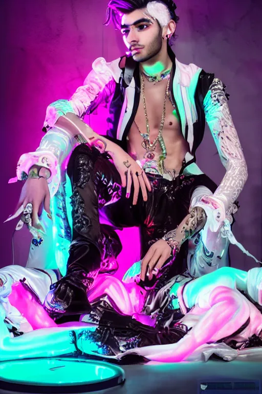 Image similar to full-body rococo and cyberpunk style neon statue of a young attractive Zayn Malik macho dotado e rico android sim roupa reclining con las piernas abertas e la piroca dura, ethereal white dripping tar, glowing orange lasers, pink tigers, glowing eyes, silver prince crown, black gears, pink diamonds, swirling mint-colored silk fabric. futuristic elements. full-length view. human skulls. large intricate artwork by caravaggio. Trending on artstation, octane render, cinematic lighting from the right, hyper realism, octane render, 8k, depth of field, 3D