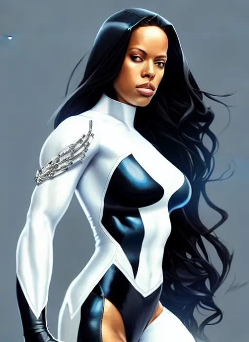 Image similar to full body portrait of marvel cinematic universe aaliyah haughton, x - men, emma frost, elegant, diamonds!! super hero, white outfit, diamond skin, highly detailed!! digital painting, artstation, glamor pose, concept art, sharp focus, illustration, art by artgerm and greg rutkowski, artey freytag