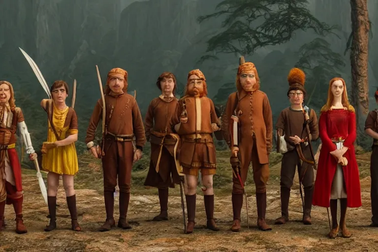 Image similar to A group of 5 high fantasy adventurers lined up for a group portrait, Screenshot of Wes Anderson's New RPG Movie, directed by Wes Anderson, Chest high, Photo realistic, Regal, Formal, Cinematic, Symmetrical, Satisfying dynamic lighting, Highly Detailed, Cinematic Lighting, 8k, HD