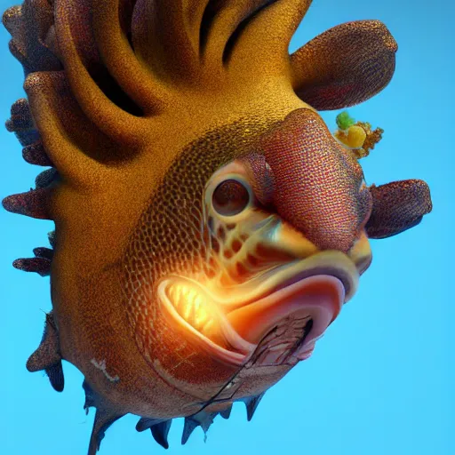 Image similar to a hyperrealistic 3 d octane render of a fish populated by mandelbrot fractals, unreal engine, dramatic lighting, volumetric lighting, backlit, vray lighting, ray tracing, ultra detailed, photorealism, neon, glowing