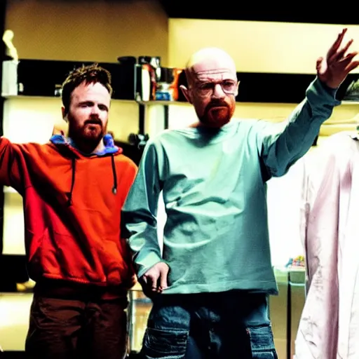 Prompt: Walter White and Jesse Pinkman making meth on a stage with a large crowd