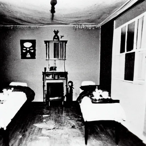 Prompt: a 1960 photo of demoniac exorcism,room