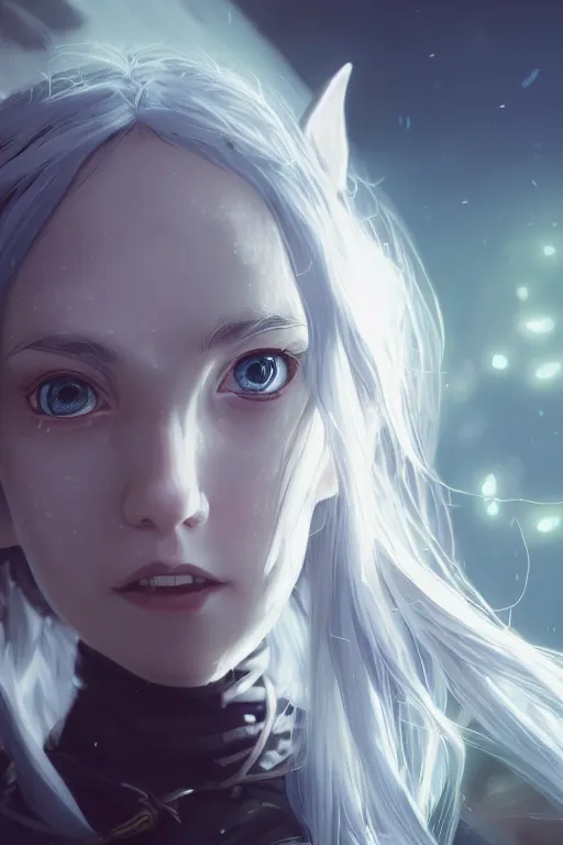 Prompt: highly detailed portrait of a young elf medevial girl with a wavy silver hair, pointy elf ears, cyan blue eyes, cute freckles, cinematic lighting, rays of light, dramatic atmosphere, by Dustin Nguyen, Akihiko Yoshida, Greg Tocchini, Greg Rutkowski, Cliff Chiang, 4k resolution, nier:automata inspired, bravely default inspired, magical fairy background