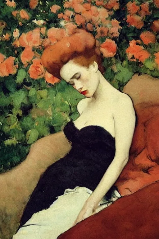 Image similar to european woman in a gown drunk laying on couch, bloom flowers, modern, eclectic, illustration, by ramon casas