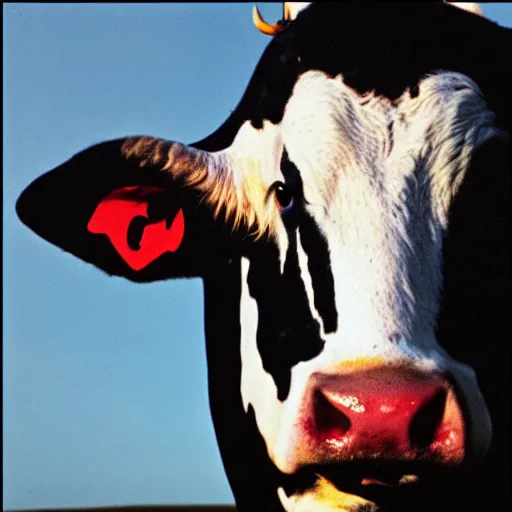 Prompt: Atom Heart Mother flying cow by Pink Floyd