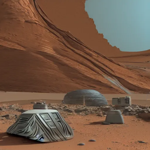 Image similar to a streetscape on mars in the future with many structures, realism