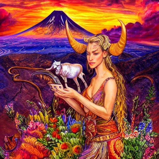 Image similar to painting by senior concept artist josephine wall, horned ram goddess checking her cell phone, erupting volcano and sunset in distance in background, flowers in foreground, zodiac, fantasy, acrylic on canvas, intricately detailed, highly detailed, high resolution, hd, hdr, 8 k, trending on artstation,