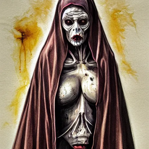 Image similar to detailed details photorealistic undead nun in silent hill in the style of bob peak and alex ross, gouache and wash paints color, detailed details facial and body and human and environments and proportionate, detailed 5 k details.