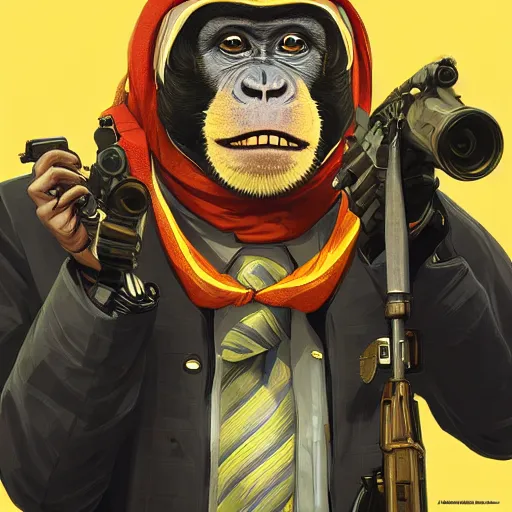 Image similar to [Monkey as president of Banana as GTA character, propaganda!, closeup, D&D, intricate, elegant, highly detailed, digital painting, artstation, concept art, matte, sharp focus, illustration, art by Artgerm and Greg Rutkowski and Alphonse Mucha and Enki Bilal]