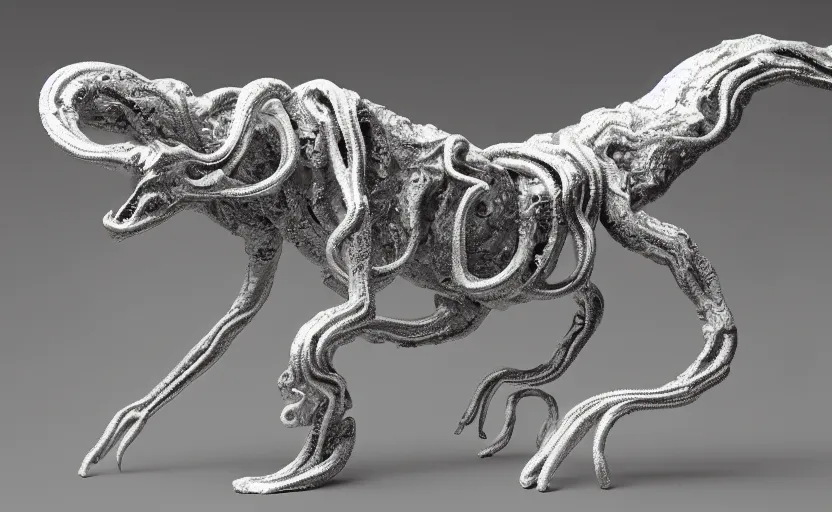 Image similar to stylized shiny polished silver statue full body extra limbs bizarre cosmic horror quadruped animal four legs made of marble of slug creature tendrils, perfect symmetrical body, perfect symmetrical face, hyper realistic, hyper detailed, by johannen voss, by michelangelo, octane render, blender, 8 k, displayed in pure white studio room