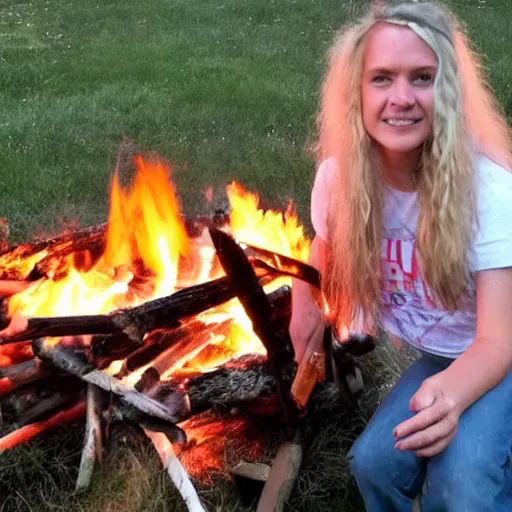 Image similar to photo of hillbilly with long blonde hair around a bonfire