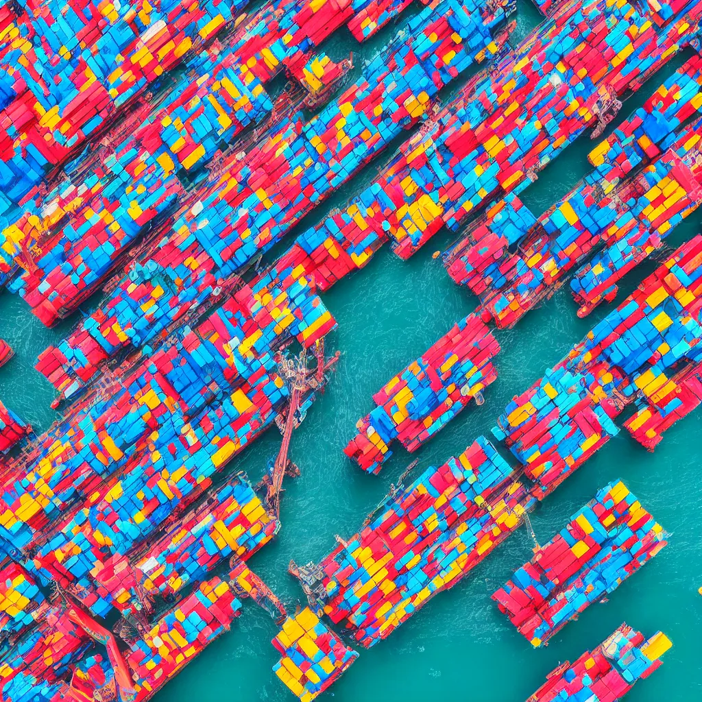 Image similar to colorful construction site with pools of bright blue water, colorful shipping containers, colorful tugboats, birds eye view