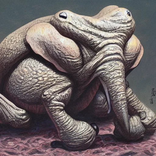 Image similar to frog - elephant creature, oil painting by kentaro miura