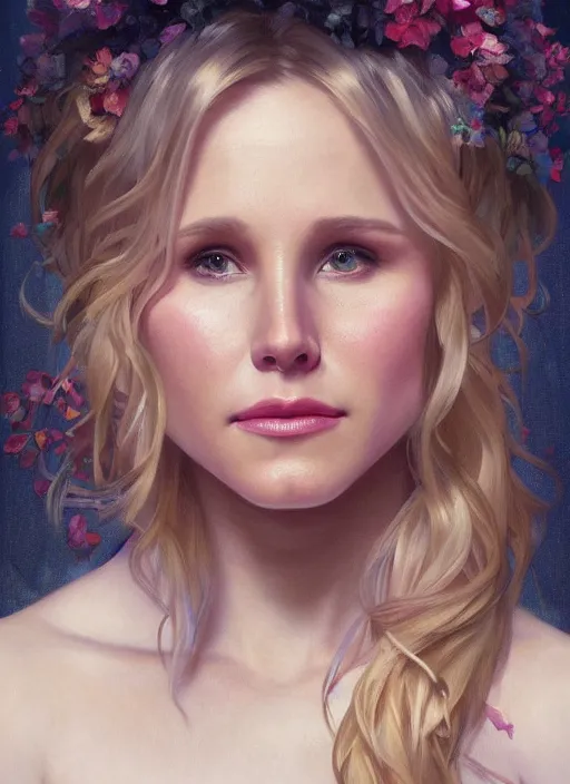 Image similar to beautiful portrait of kristen bell, soft features, by magali villeneuve and greg rutkowski and artgerm and alphonse mucha and jeremy lipkin and rob hay, intricate, elegant, highly detailed, photorealistic, trending on artstation, trending on cgsociety, 8 k, sharp focus