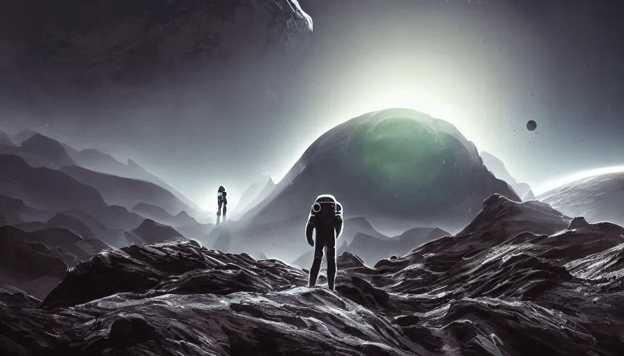 Image similar to A dark astronaut with a dark cape walking on a extremely mountainous alien planet with a big planet with rings in the sky, concept art, trending on DeviantArt, digital art, highly detailed, high quality, 4k, beautiful landscape, calm