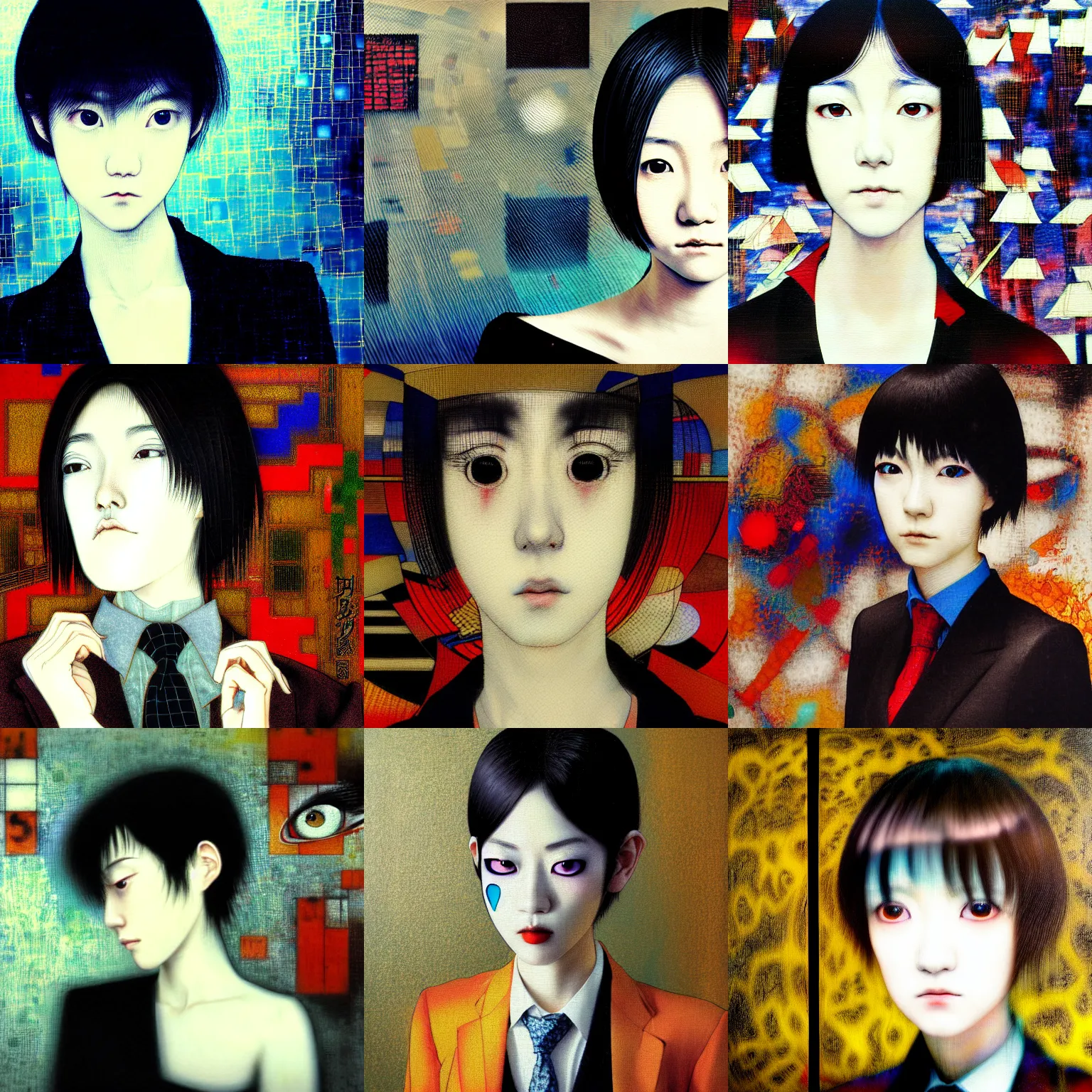 Image similar to yoshitaka amano blurred and dreamy realistic three quarter angle portrait of a young woman with short hair and black eyes wearing office suit with tie, junji ito abstract patterns in the background, satoshi kon anime, noisy film grain effect, highly detailed, renaissance oil painting, weird portrait angle, blurred lost edges