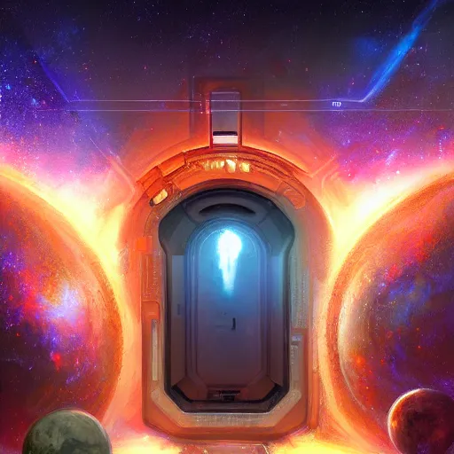 Image similar to A hyperdetailed digital oil painting of A doorway to the galaxy, Trending on ArtStation and DeviantArt