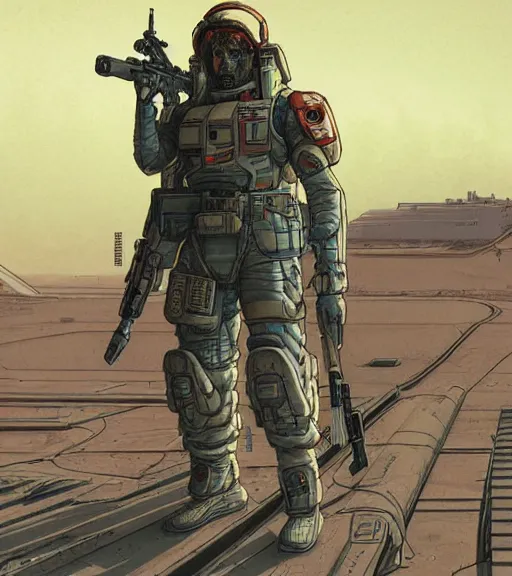 Image similar to a cyberpunk soldier with tactical gear and a rifle patrols a Japanese city on mars, Industrial Scifi, detailed illustration, character portrait, by Martin Grip and Moebius