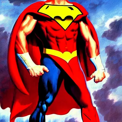 Image similar to macron as a superhero, by boris vallejo
