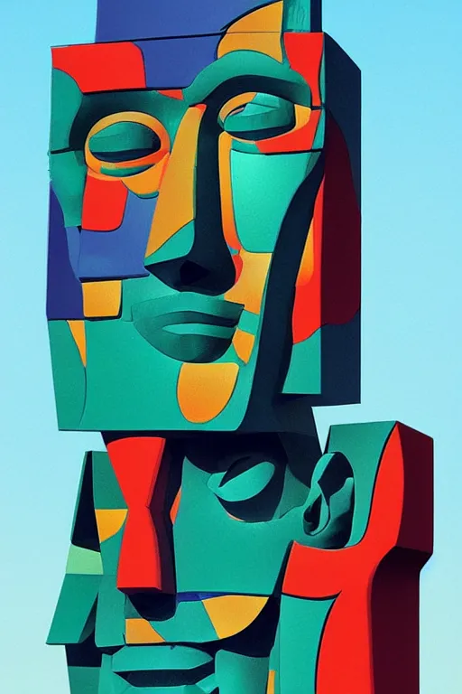 Image similar to cubist moai statue cutout digital illustration cartoon colorful beeple