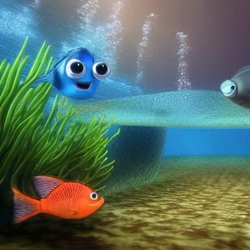 Prompt: a 3d render of two fish underwater watching a boat , in the style of a pixar cartoon, disney cartoon
