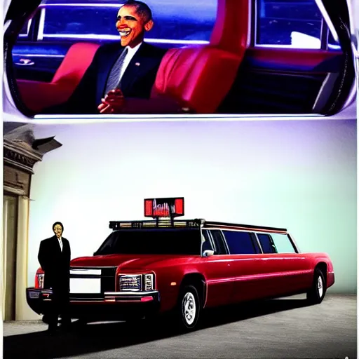 Image similar to barack obama on pimp my ride sitting in his newly upgraded presidential limo complete with a playstation 2, and a minibar. there are also neon lights in the interior.