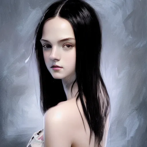 Image similar to portrait of teenage girl with glossy black hair, blue eyes, glowing porcelain skin, fashion model features, dark fantasy, academia, intricate, elegant, black dress, highly detailed, digital painting, artstation, concept art, smooth, sharp focus, illustration, art by Krenz Cushart and Artem Demura and alphonse mucha