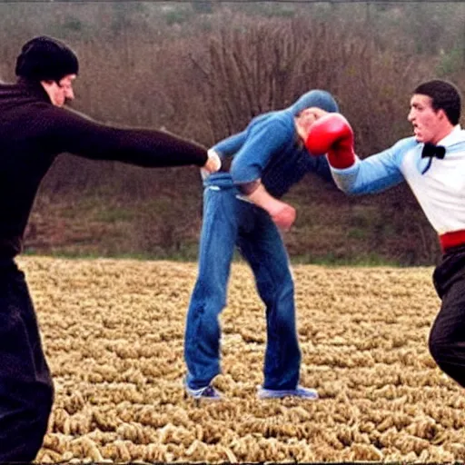 Image similar to rocky balboa punching joe biden in the middle of a corn maze