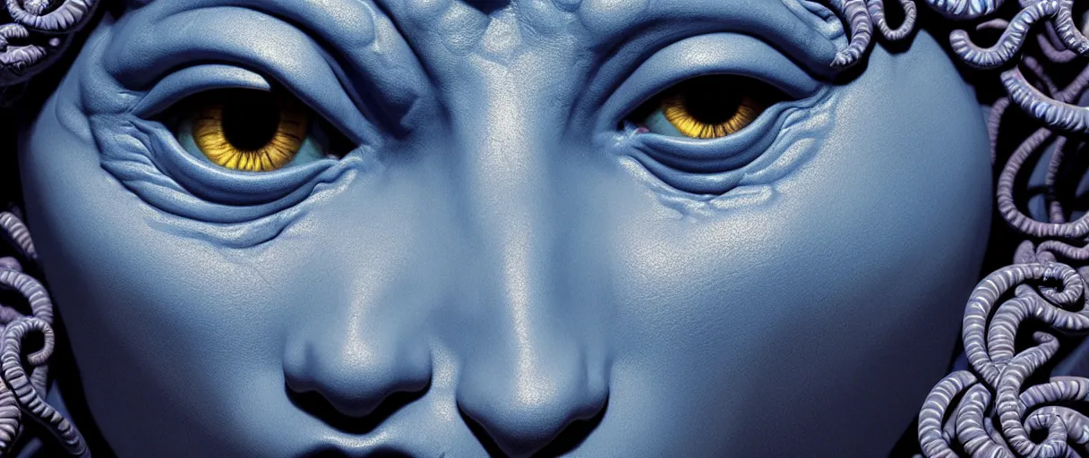 Image similar to hyperrealistic highly detailed close-up portrait of a Rubensian blue rococo medusa with 8 round cat eyes sharp concept art wayne barlowe cinematic lighting 8k low angle shallow depth of field