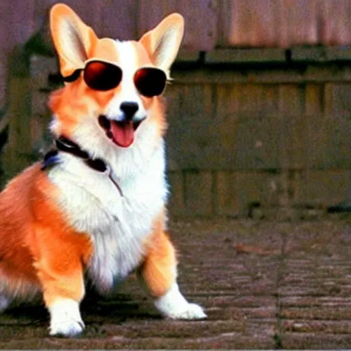 Prompt: Corgi with sunglasses in the matrix (1999)