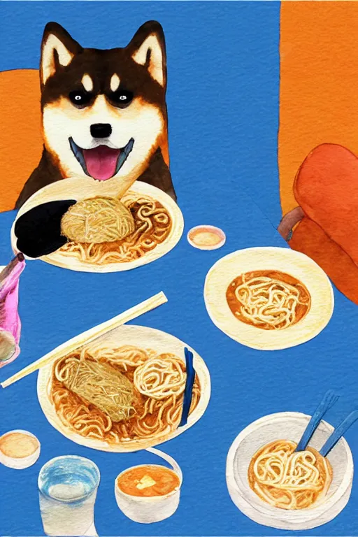 Image similar to a portrait of a shiba inu eating ramen on a dinner table, watercolor, studio ghibli, studio ghibli color palette, artistic