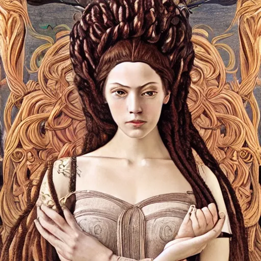 Image similar to artstation, intricate details, portrait by sandro botticelli, gaston bussiere, h. r. giger, inanna ashteroth, egyptian facial features, brown caramel skin, thick beautiful eyebrows, techno mystic, intergalactica, hazel green eyes, with bright neon aqua rapunzel dreadlocks, full body portrait, haute couture, alchemy, futurisma