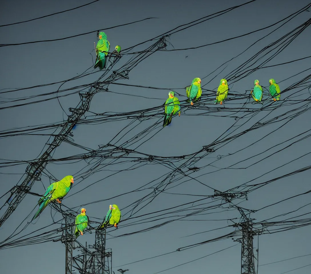 Prompt: a 3 5 mm photography at night, camera with strong flash on, of a lot of green parrots on the power lines