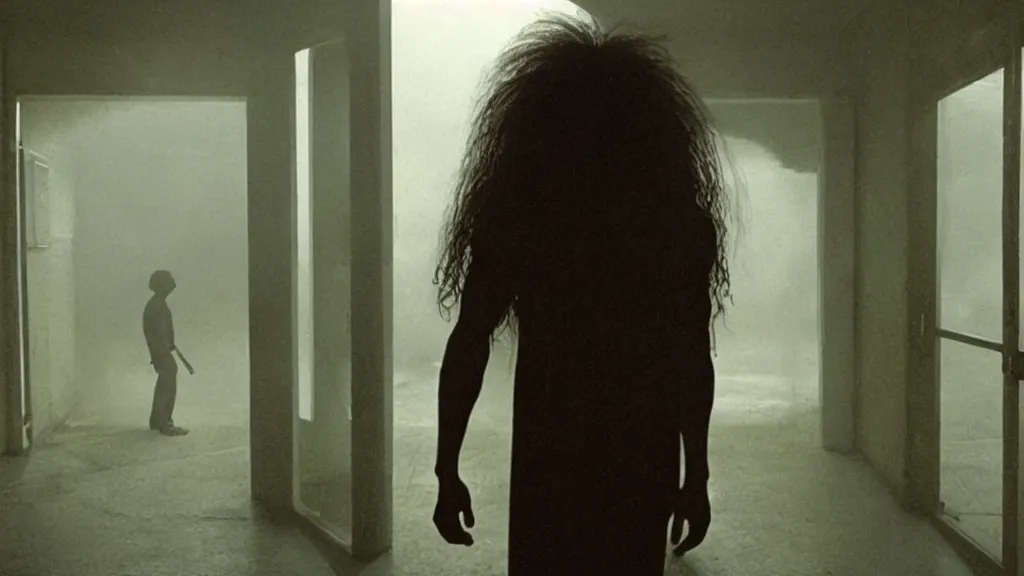 Image similar to photo from distance of a black man with long curly hair, carrying a electric guitar, walking out of from the past door, film still from the movie directed by Denis Villeneuve with art direction by Zdzisław Beksiński, wide lens