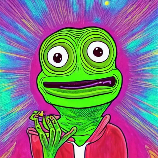 Prompt: a portrait of an alien pepe the frog meditating and reaching nirvana, shiny big eyes reflecting the universe. by matt furie
