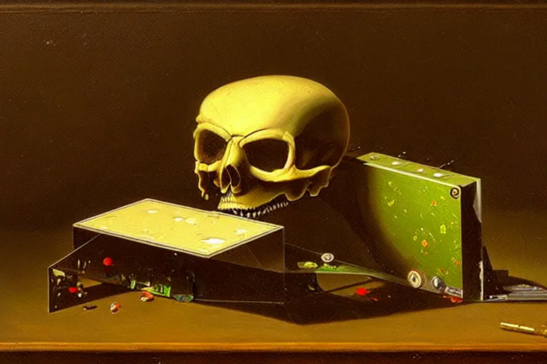 Image similar to a vanitas painting depicting an NVIDIA RTX A100 GPU, graphics card