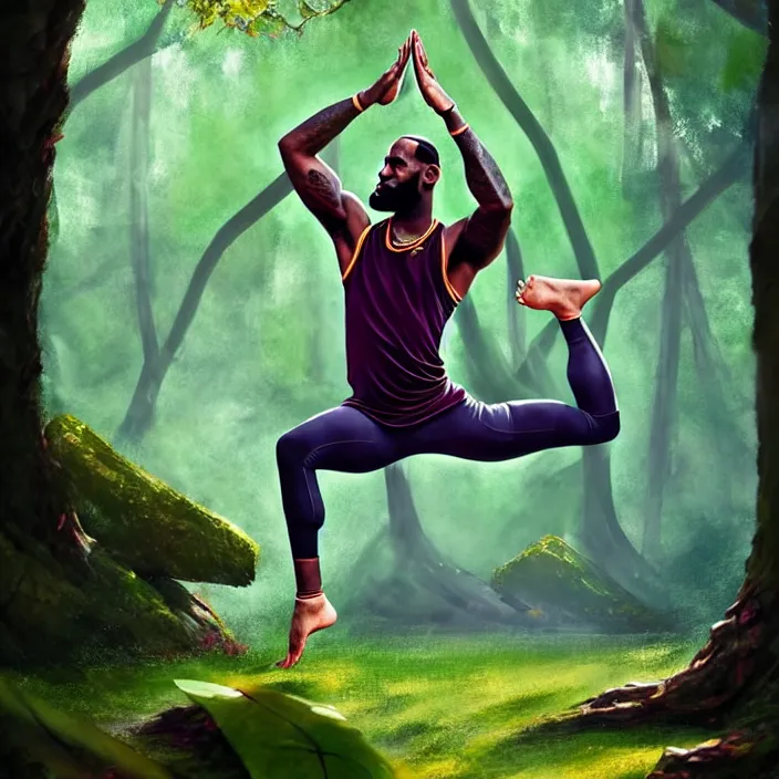 Image similar to lebron james doing yoga in the forest, epic professional digital art, best on artstation, cgsociety, wlop, behance, pixiv, cosmic, epic, stunning, gorgeous, much detail, much wow, masterpiece by dorian cleavanger and stanley lau